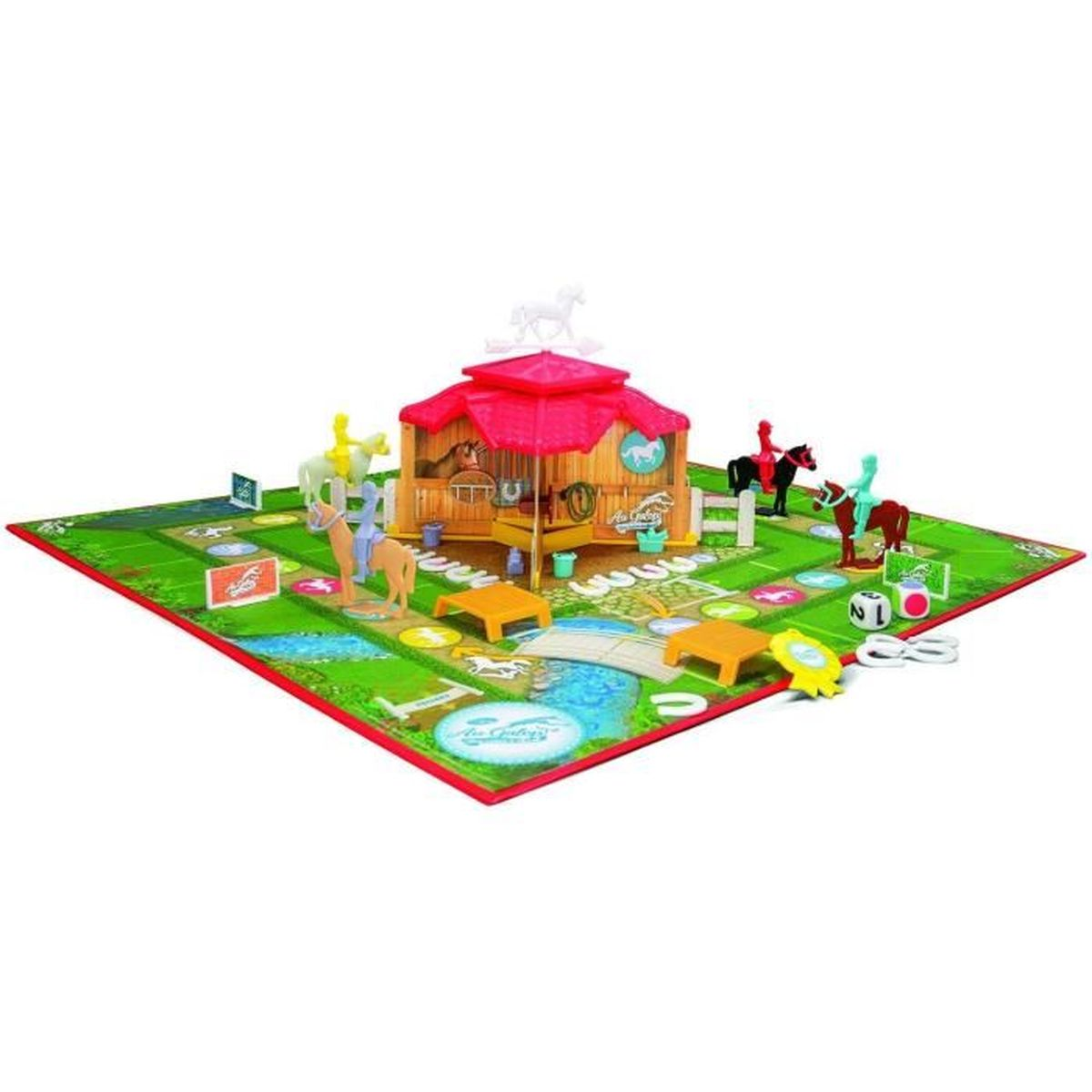 Ein buntes Brettspiel zum Thema Pferd mit zentralem Stall, Spielfiguren und grünem Spielfeld.