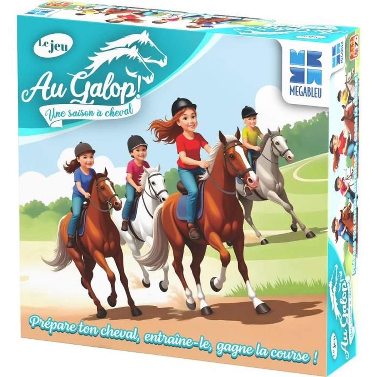 Brettspielbox 'Au Galop!' mit vier reitenden Kindern und Pferden in einer Landschaft.