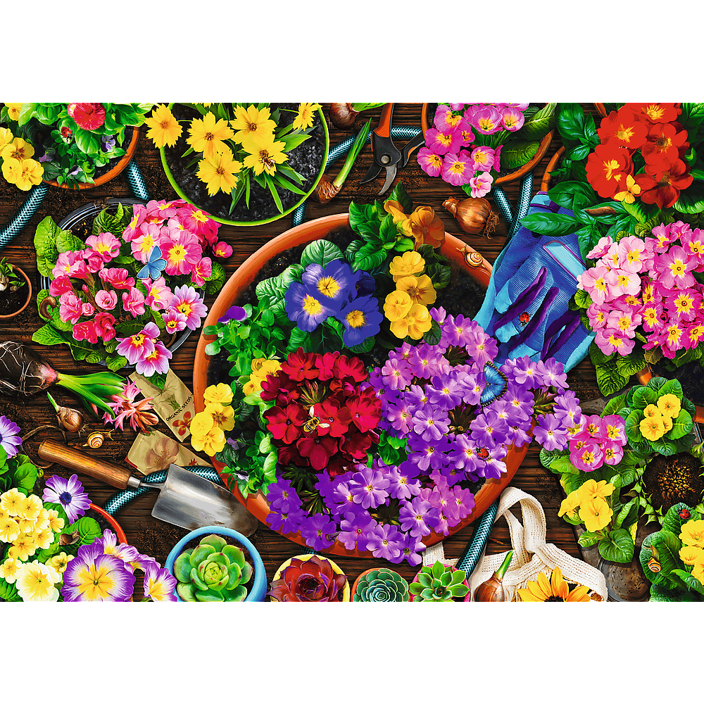 Bunte Draufsicht auf Gartenger äte, Samentüten und Topfblumen mit roten, gelben und violetten Blüten.