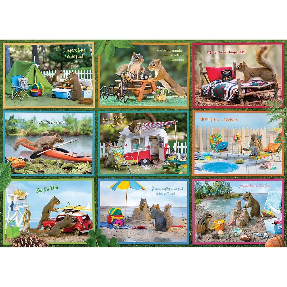 Eine Collage aus neun Bildern zeigt Eichhörnchen, die verschiedene menschliche Aktivitäten wie Camping und Surfen nachstellen.