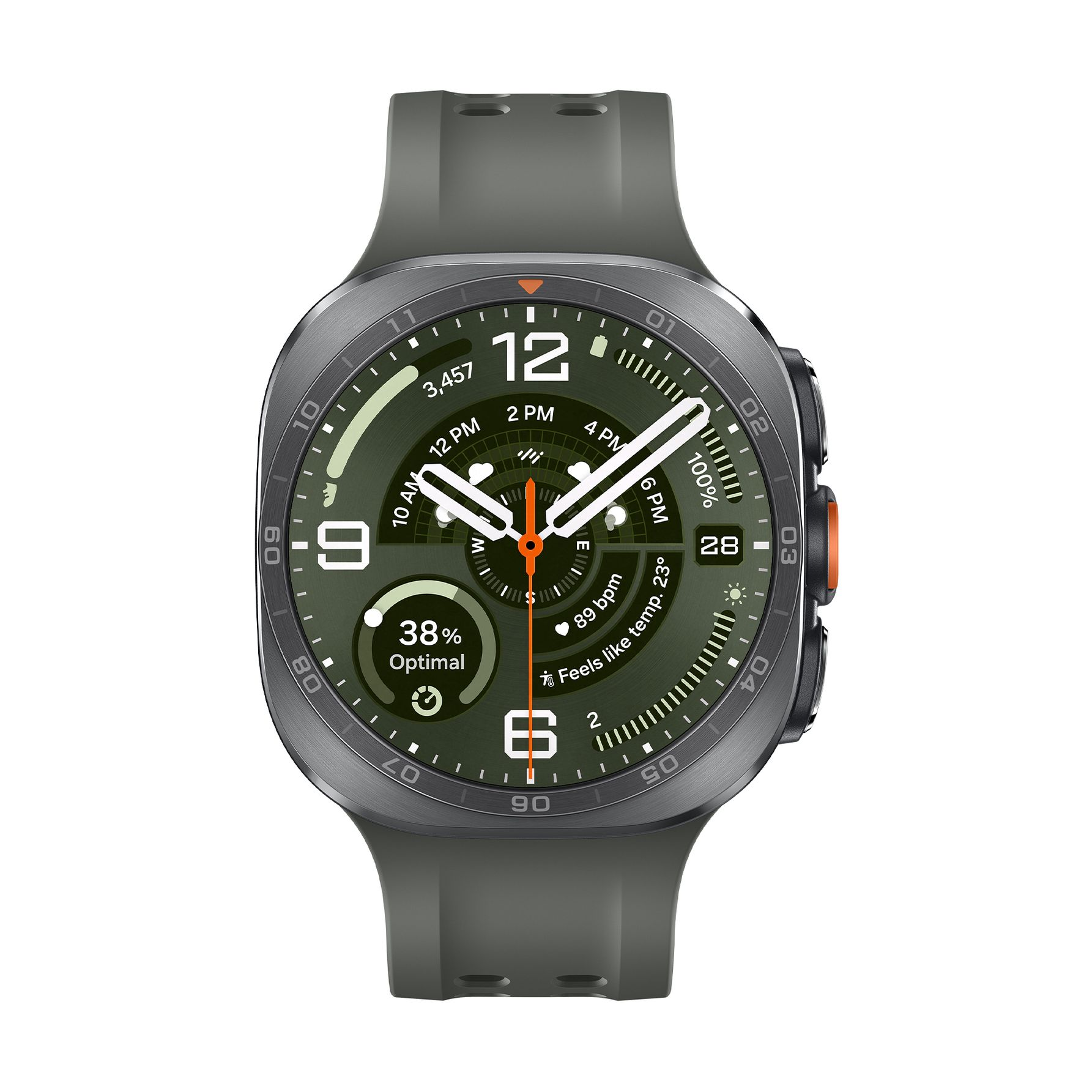 Eine graue Smartwatch mit grünem Zifferblatt und Daten wie Akkustand, Herzfrequenz und Wetter.