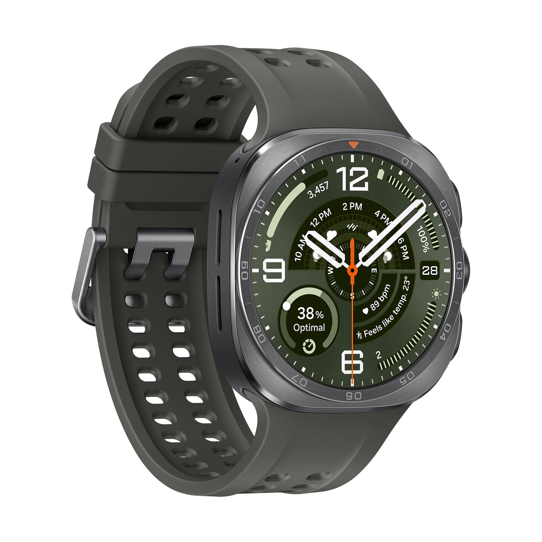 Eine dunkelgrüne Smartwatch mit perforiertem Silikonarmband, rundem Display und dunklem Gehäuse vor hellem Hintergrund.