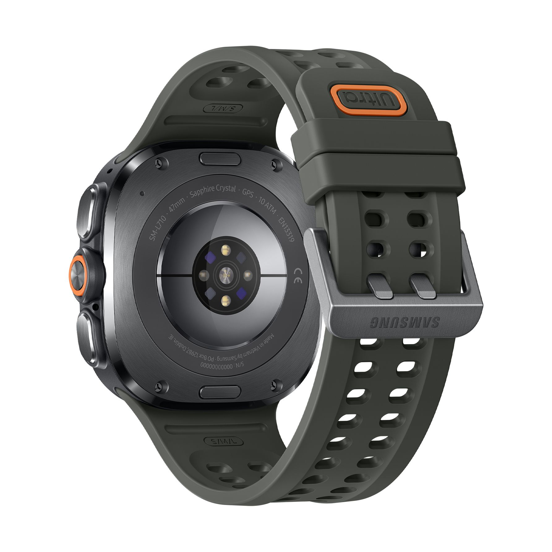 Rückseite einer grauen Smartwatch mit Sensoren, Tasten und einem perforierten Silikonarmband mit Metallschnalle.