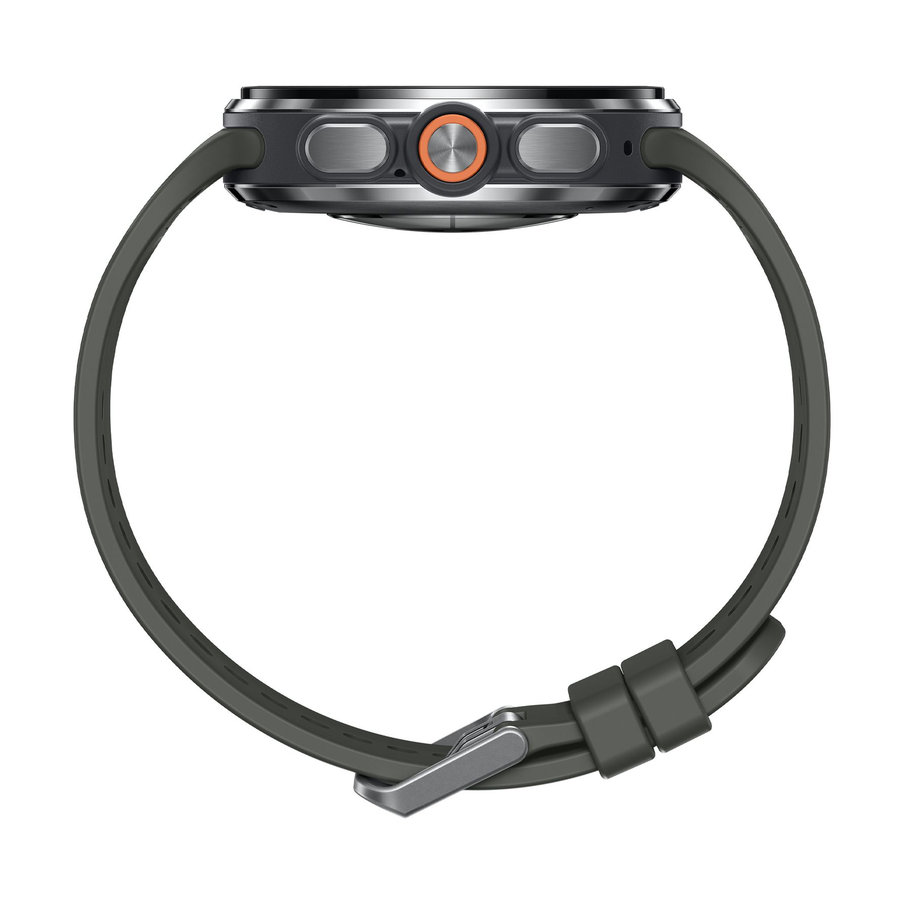 Seitenansicht einer dunklen Smartwatch mit dunkelgrauem Band und orangem Mittelknopf auf weißem Hintergrund.