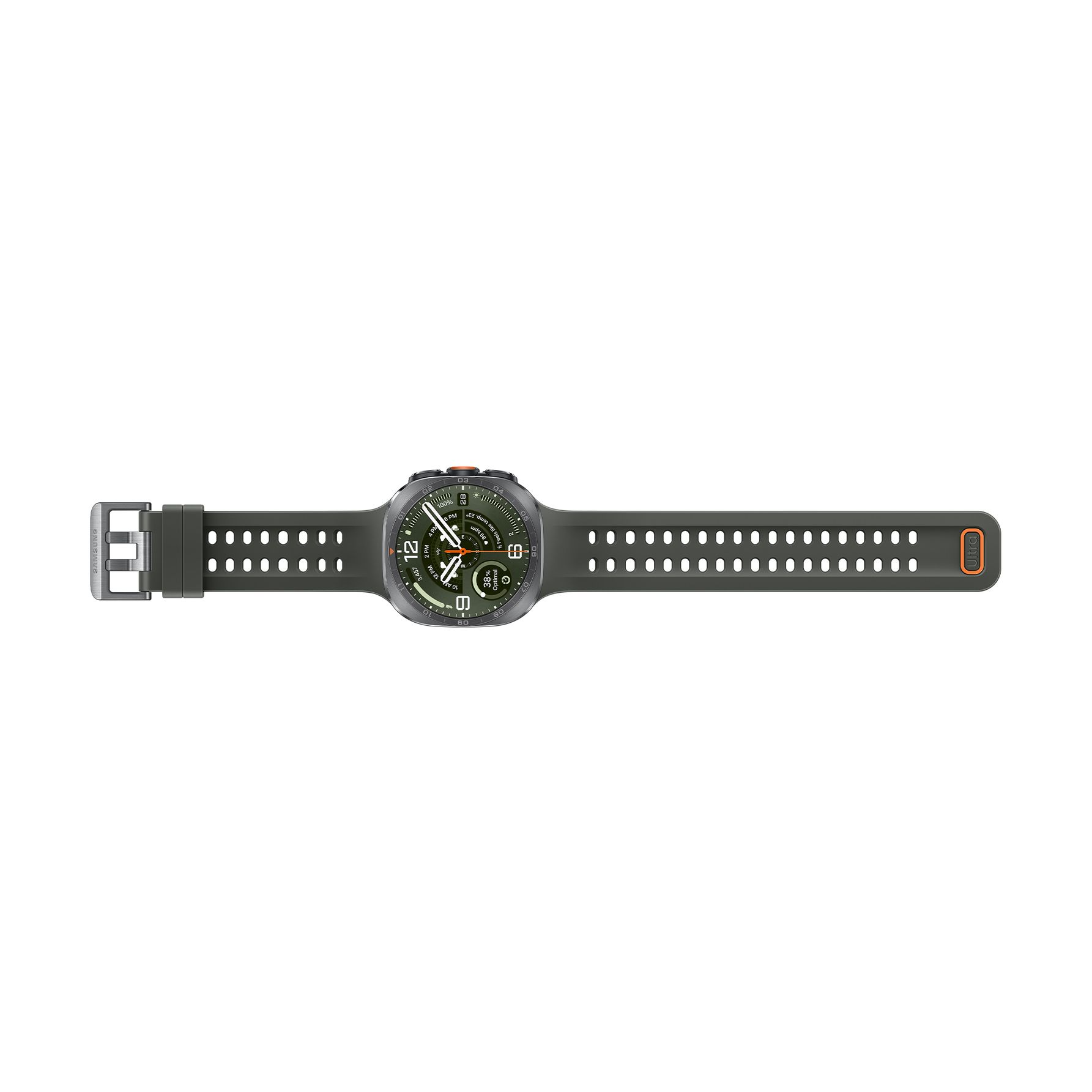 Eine graue Smartwatch mit perforiertem Armband und runden Zifferblatt liegt flach vor einem weißen Hintergrund.