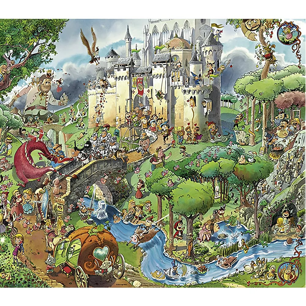 Wimmelbild mit Märchenfiguren, Schloss, Drachen, Kutsche und vielen bunten Details.
