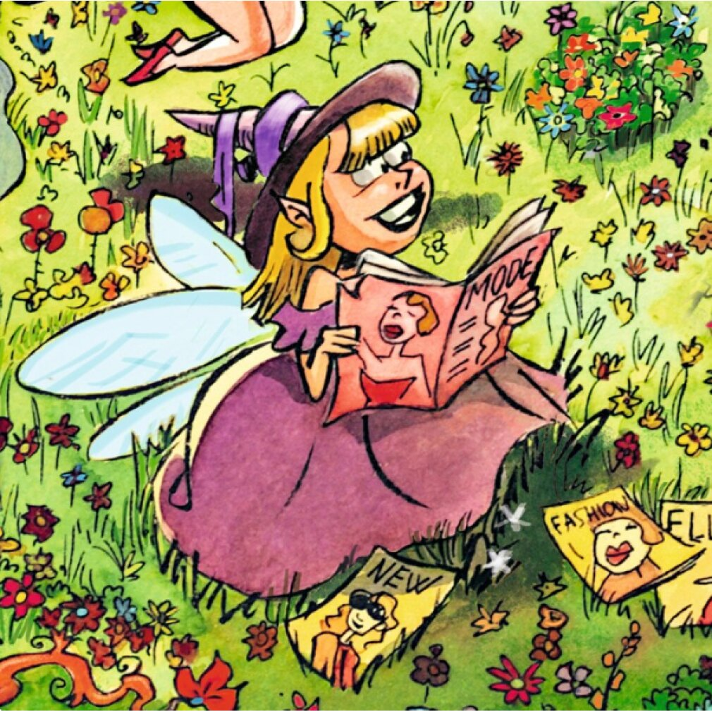 Eine blonde Fee in einem lila Kleid liest Zeitschriften in einer bunten Blumenwiese.