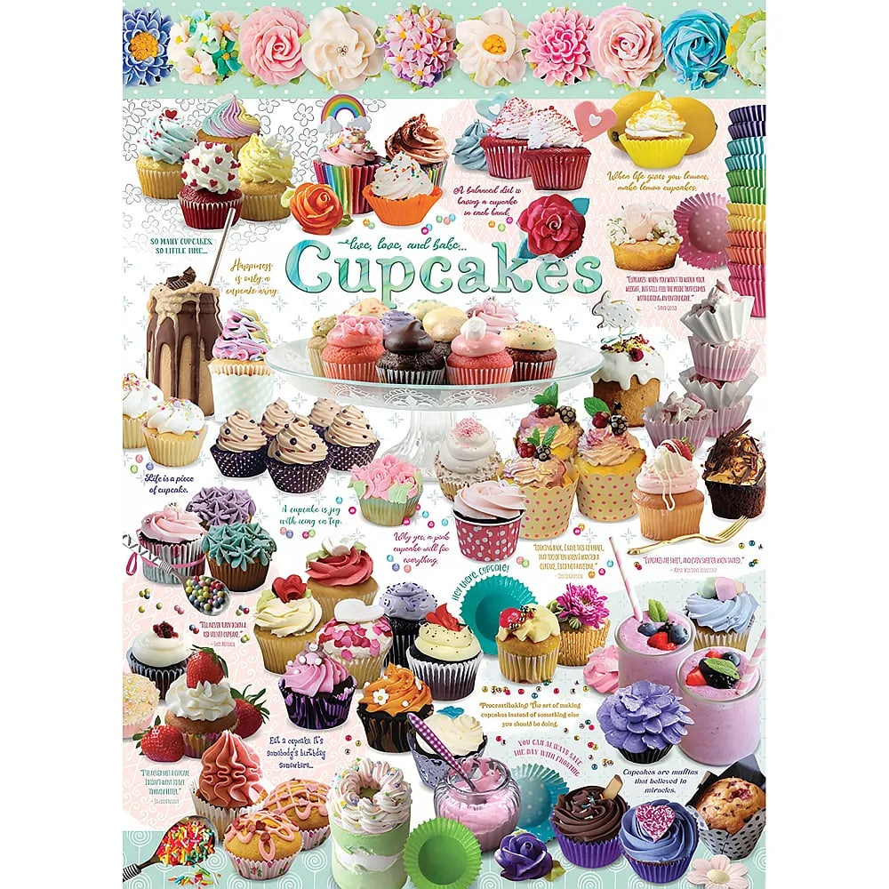 Bunte Sammlung verschiedener Cupcakes mit bunten Glasuren und Dekorationen auf weißem Hintergrund.