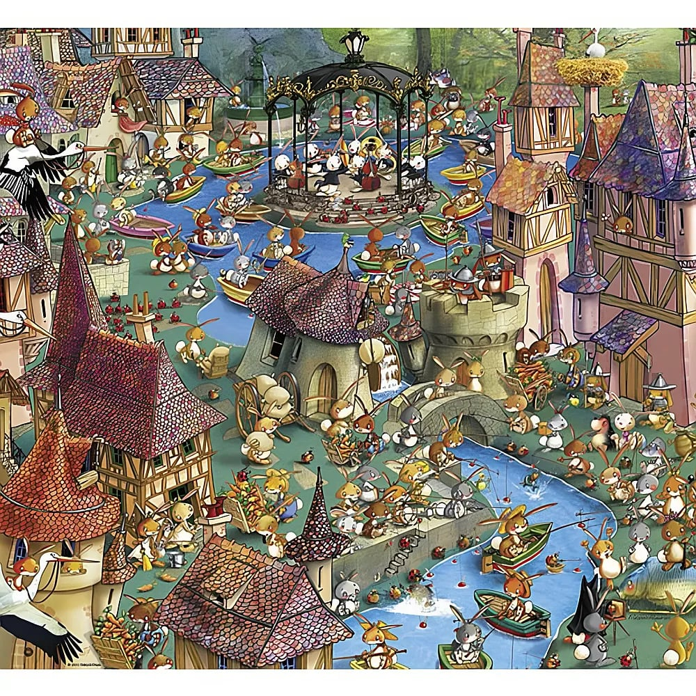 Wimmelbild mit vielen kleinen Hasen, die in Booten auf Flüssen fahren, angeln und sich im mittelalterlichen Dorf amüsieren.