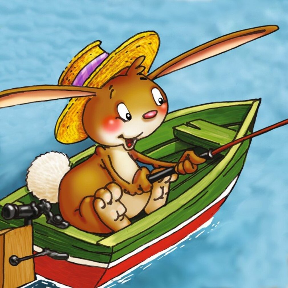 Ein brauner Hase mit Hut fischt fröhlich von einem kleinen grünen und roten Boot auf blauem Wasser.