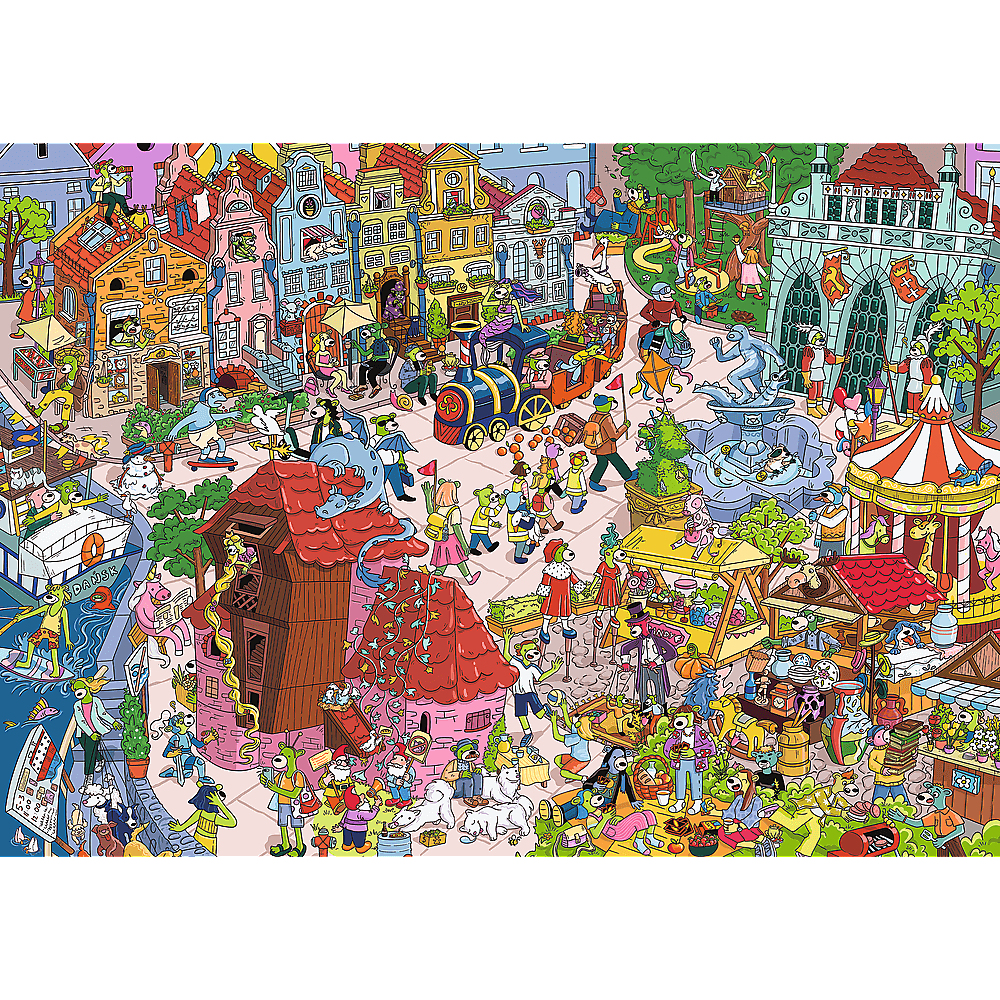 Ein buntes, geschäftiges Szenenbild mit Tieren, Menschen, kleinen Häusern, Karussell, Zügen und Stadtplatz voller Details.
