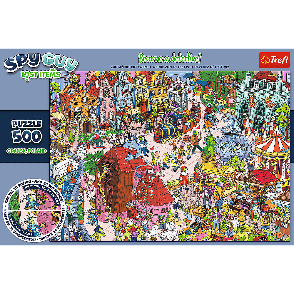 Wimmelbild-Puzzle von Trefl mit einer bunten, belebten Stadt voller Figuren und Details in Gdansk, Polen.