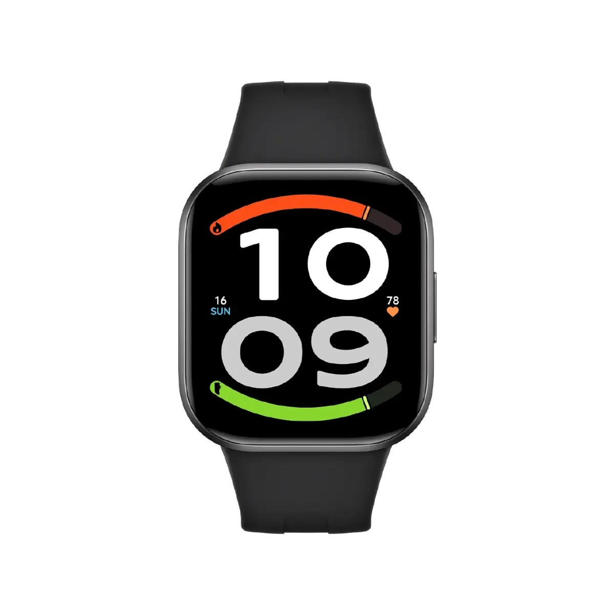 Schwarze Smartwatch mit eckigem Display, digitaler Uhrzeit 10:09, Datum und farbigen Aktivitätsringen.