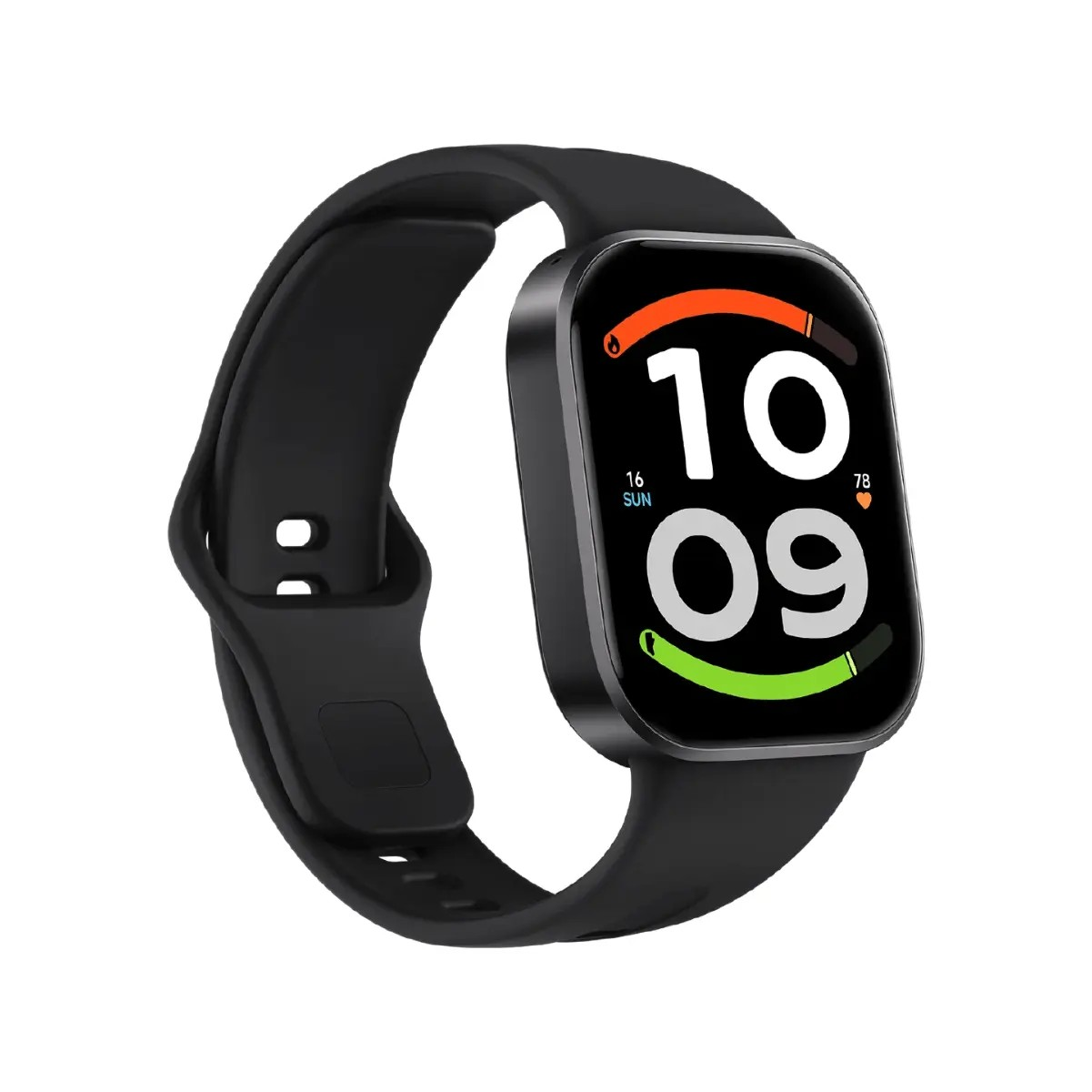 Schwarze Smartwatch mit eckigem Display zeigt Uhrzeit 10:09, Datum und Fitness-Ringe auf weißem Hintergrund.