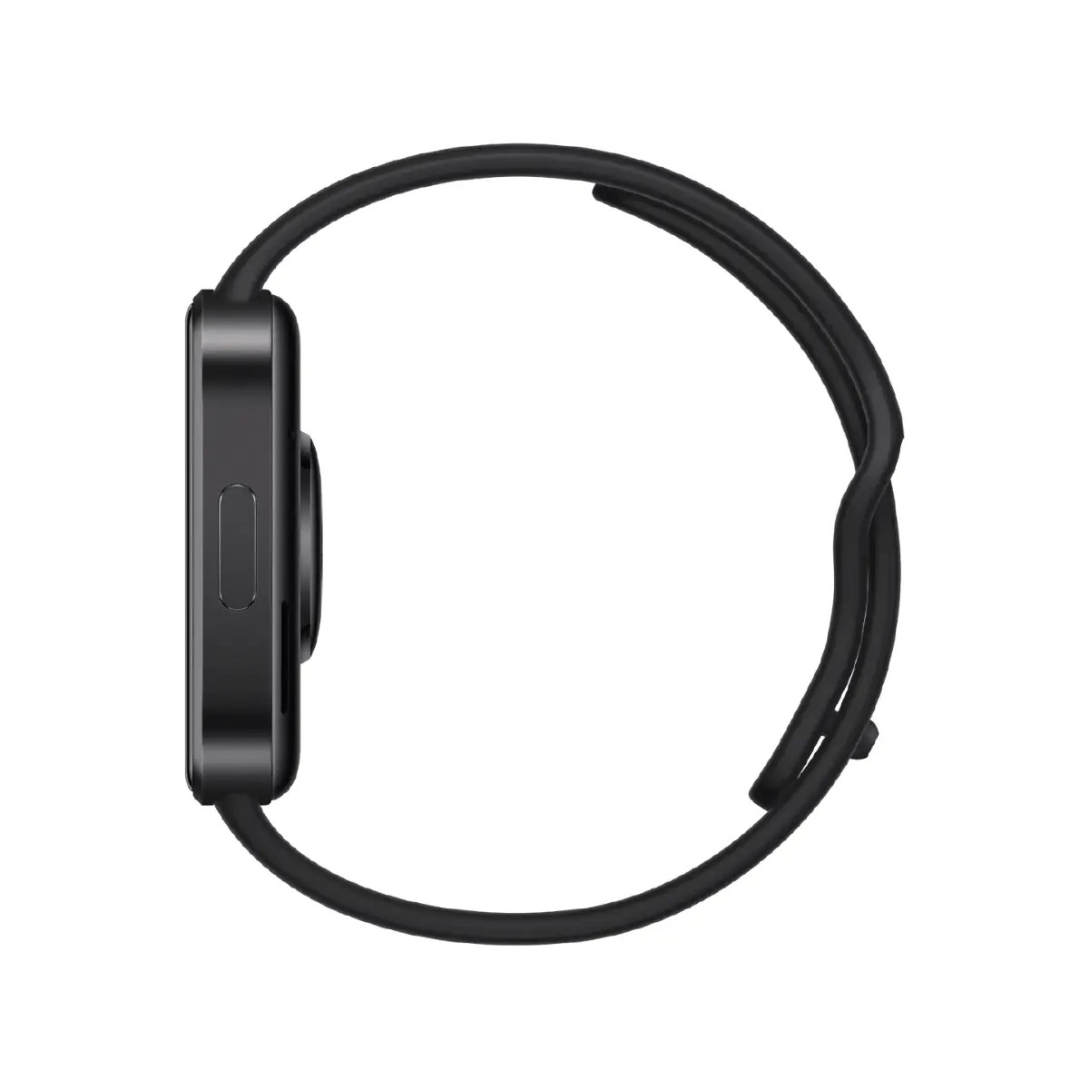 Eine schwarze Smartwatch von der Seite mit flachem rechteckigem Gehäuse und Silikonarmband vor weißem Hintergrund.