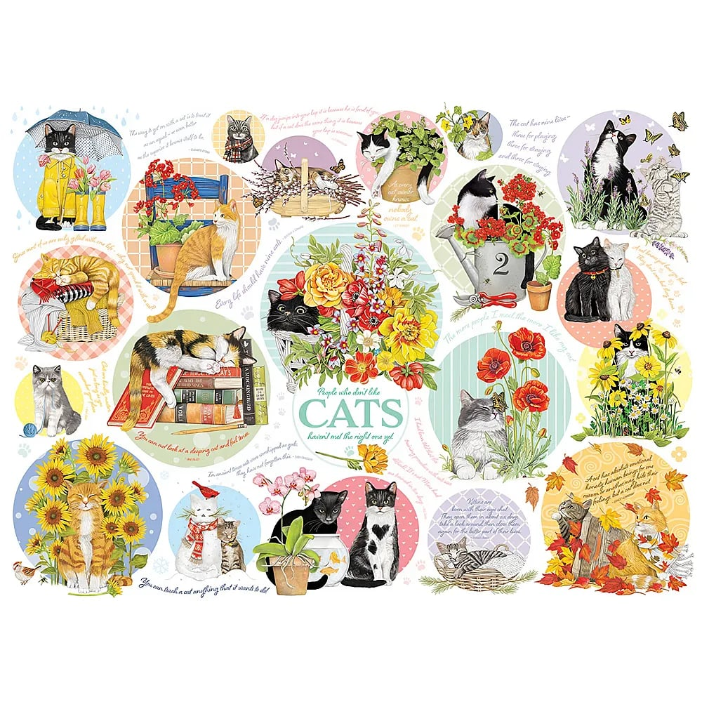 Collage von Illustrationen verschiedener Katzen in Gärten mit Blumen und Text in kreisrunder Anordnung.