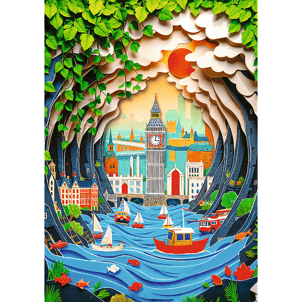 Papierkunstszene mit Big Ben am Fluss, Booten und roten Fischen, eingerahmt von grünen Blättern.