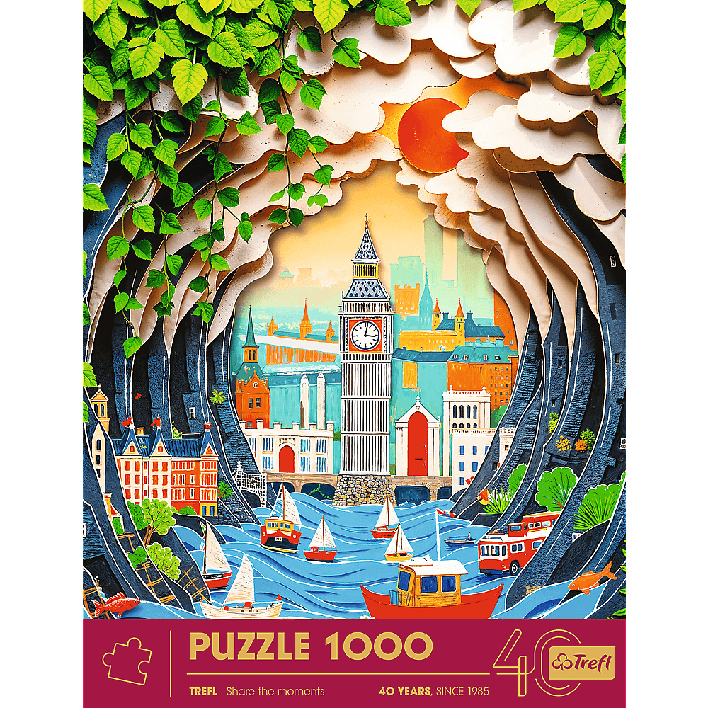 3D-Papierkunst-Puzzle mit London, Big Ben, Themse, Booten, Wolken und grünem Laub im Vordergrund.