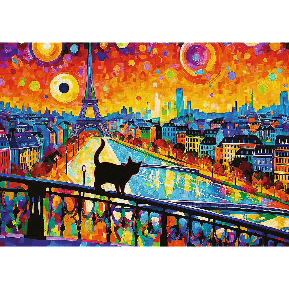 Eine schwarze Katze steht auf einer Brücke mit Blick auf Paris, den Eiffelturm und einen bunten Sternenhimmel.