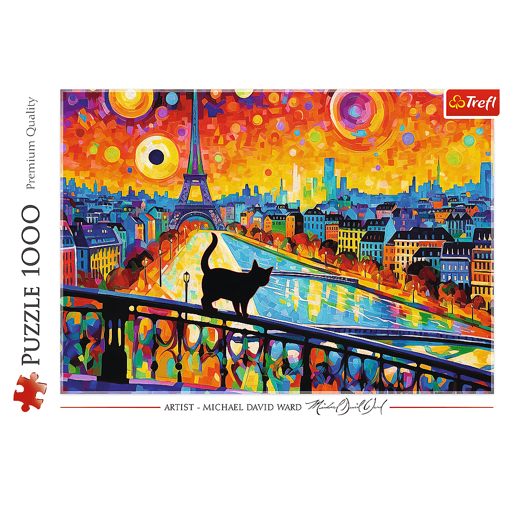 Eine schwarze Katze sitzt auf einem Brückengeländer vor einer bunten Pariser Skyline mit Eiffelturm.