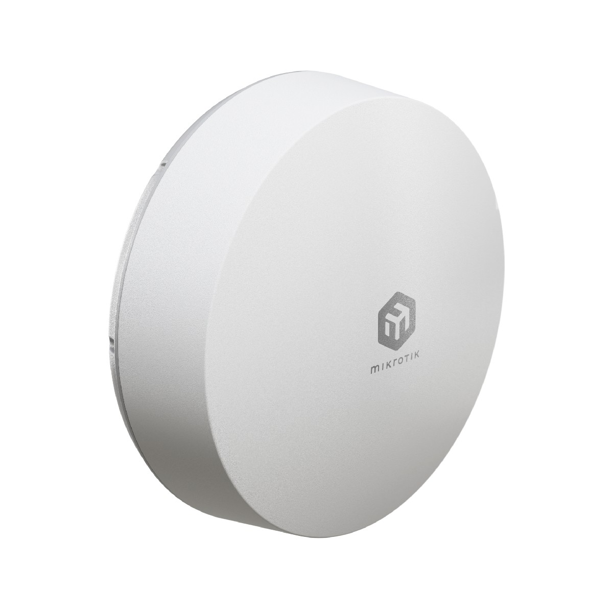 Biały, okrągły router bezprzewodowy MikroTik z szarym logo na białym tle.