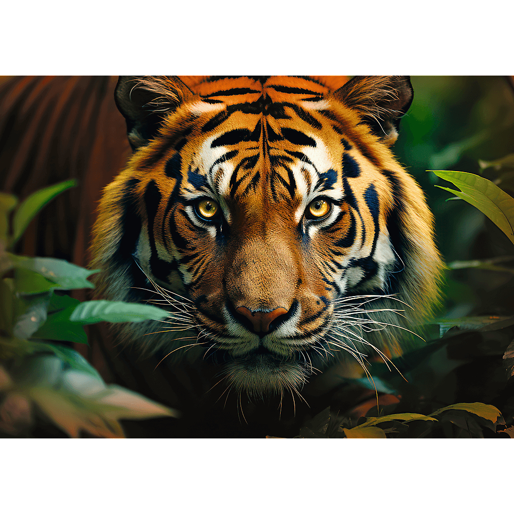 Nahaufnahme eines Tigers im dichten grünen Dschungel. Sein Gesicht ist voller Fokus mit intensiven gelben Augen.