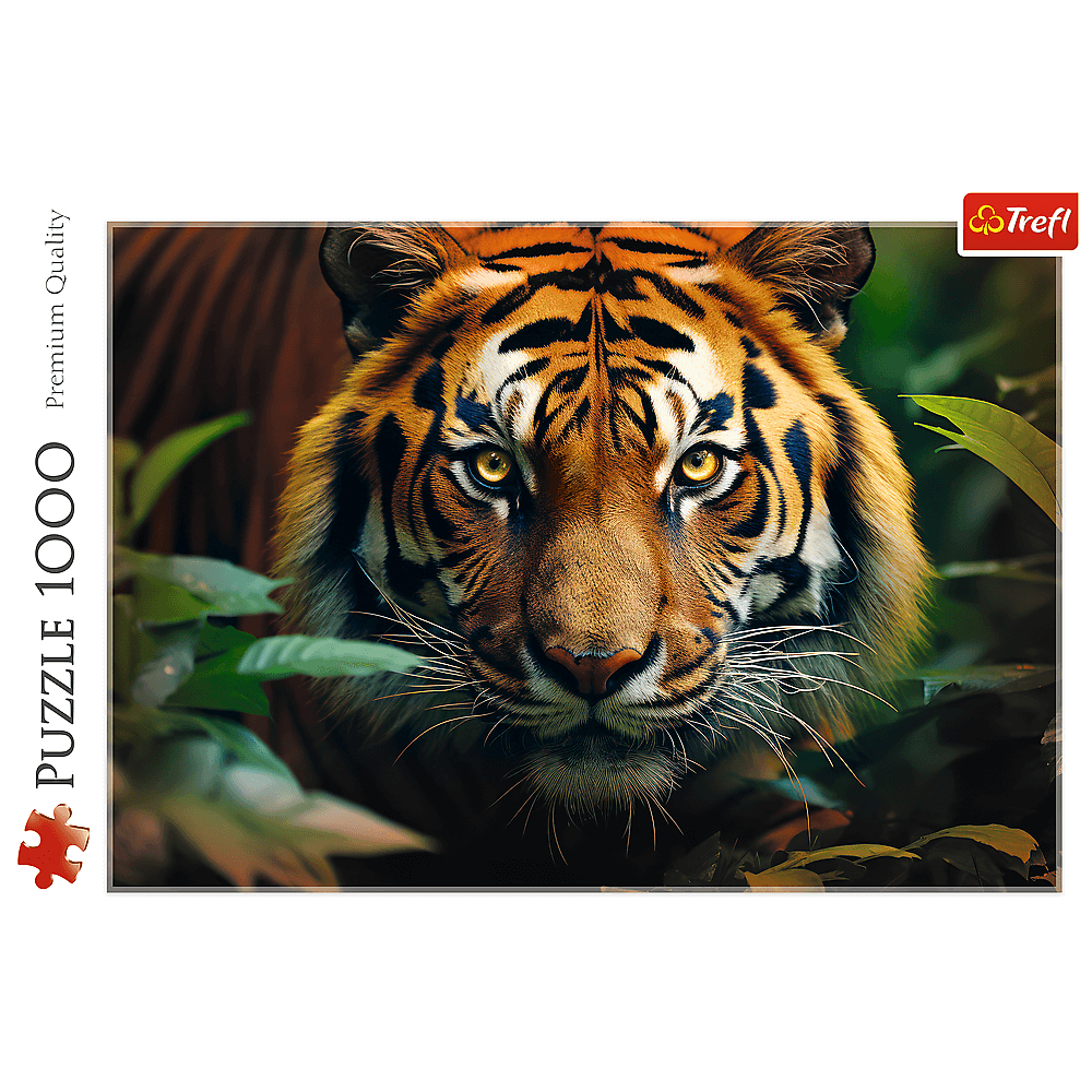 Ein Tiger blickt aus dem dichten grünen Dschungel hervor, umgeben von Blättern auf einer Puzzle-Verpackung.