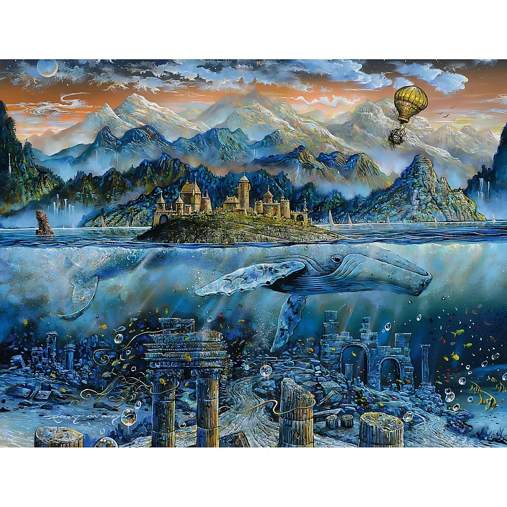 Fantasy-Landschaft mit Schloss auf Insel, Bergen, Heißluftballon, Wal unter Wasser und antiken Ruinen am Meeresgrund.