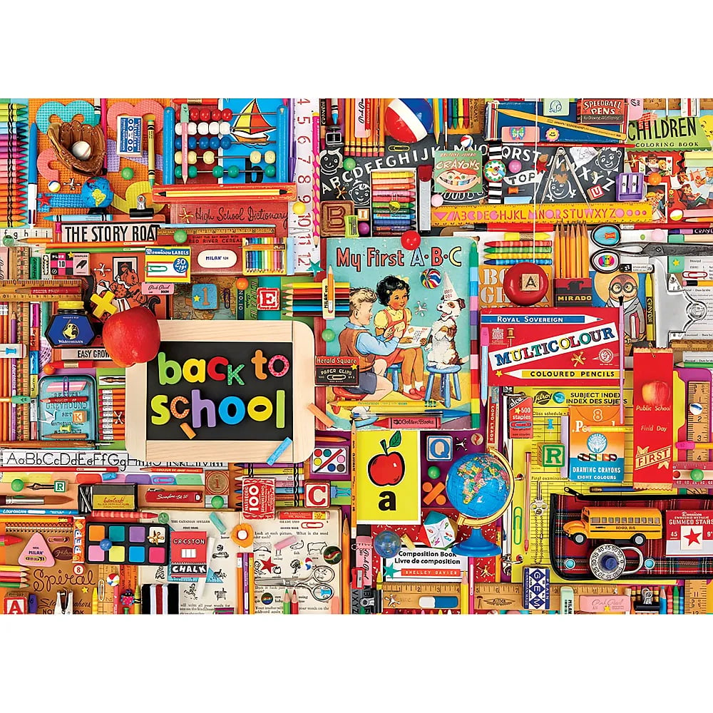 Eine bunte Schulanfang-Collage mit Büchern, Buntstiften, Abakus, Globus und Schulbedarf vor einem lebendigen Hintergrund.