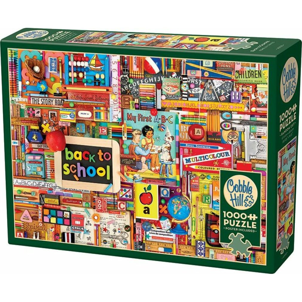 Eine bunte Schachtel eines 1000-Teile-Puzzles mit Schulsachen und dem Text Back to School.