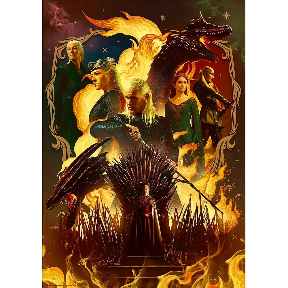 Fantasy-Poster mit Charakteren, Thron und Drachen im Hintergrund und Flammen.