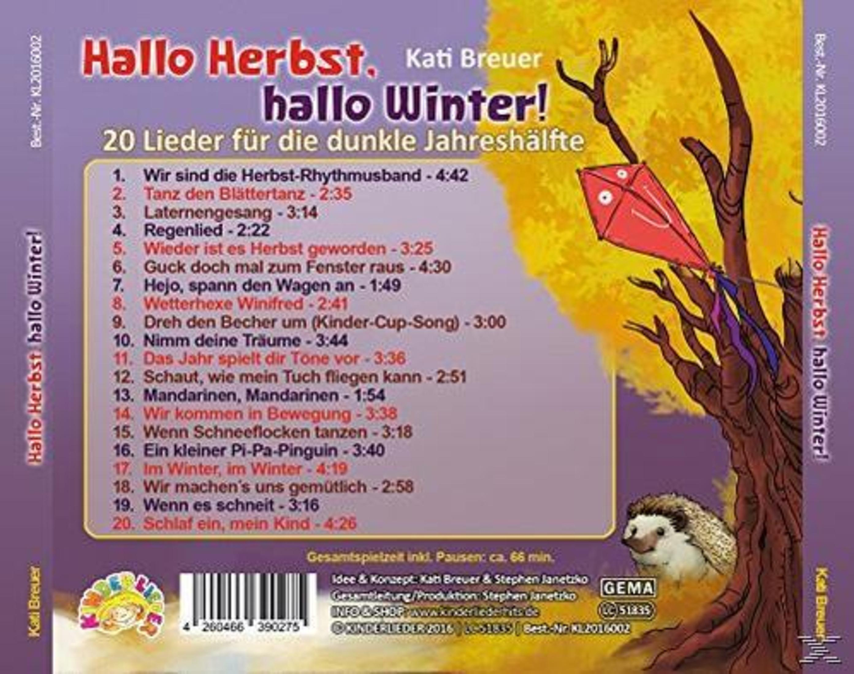 CD-Cover mit Herbst- und Winterliedern, Igel, rotem Drachen und nacktem Baum auf gelbem und violettem Hintergrund.