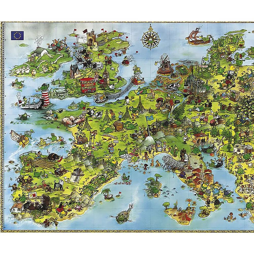 Eine bunte Cartoon-Landkarte von Europa mit humorvollen Illustrationen von Sehenswürdigkeiten und Figuren.
