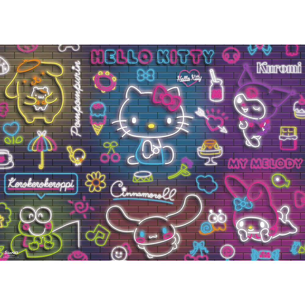 Bunte Leuchtreklamen von Hello Kitty, Kuromi, My Melody und Freunden vor einer dunklen violetten Backsteinmauer.