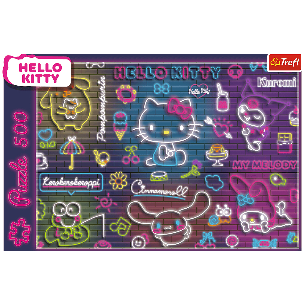 Eingepacktes Hello Kitty Neon-Puzzle zeigt Charaktere wie Kuromi und Cinnamoroll.