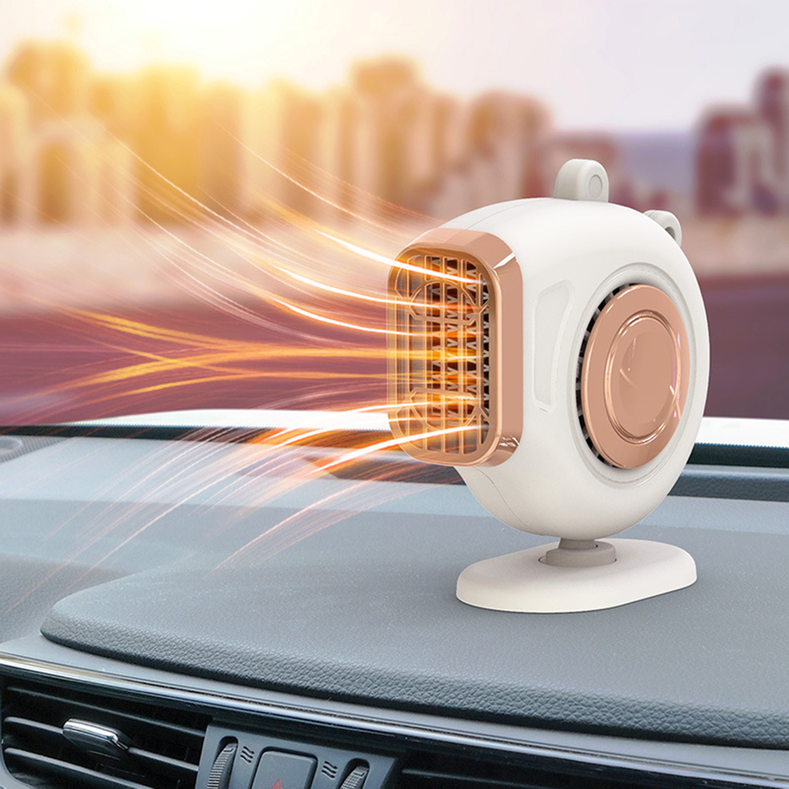 Ein weiß-goldener Heizlüfter steht auf einem Autodach, warme Luftströmungen sind visuell dargestellt.
