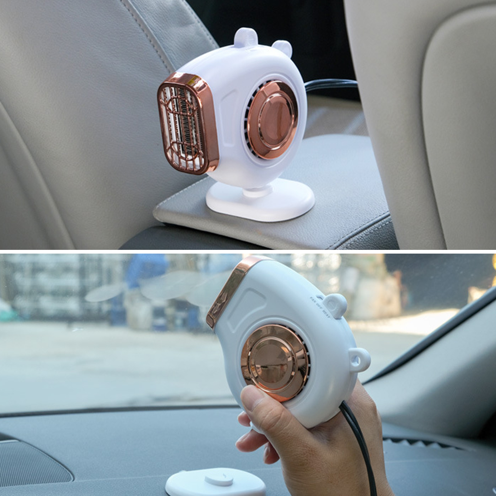 Ein weiß-kupferner Autoventilator, oben auf einer Konsole platziert und unten in einer Hand gehalten.