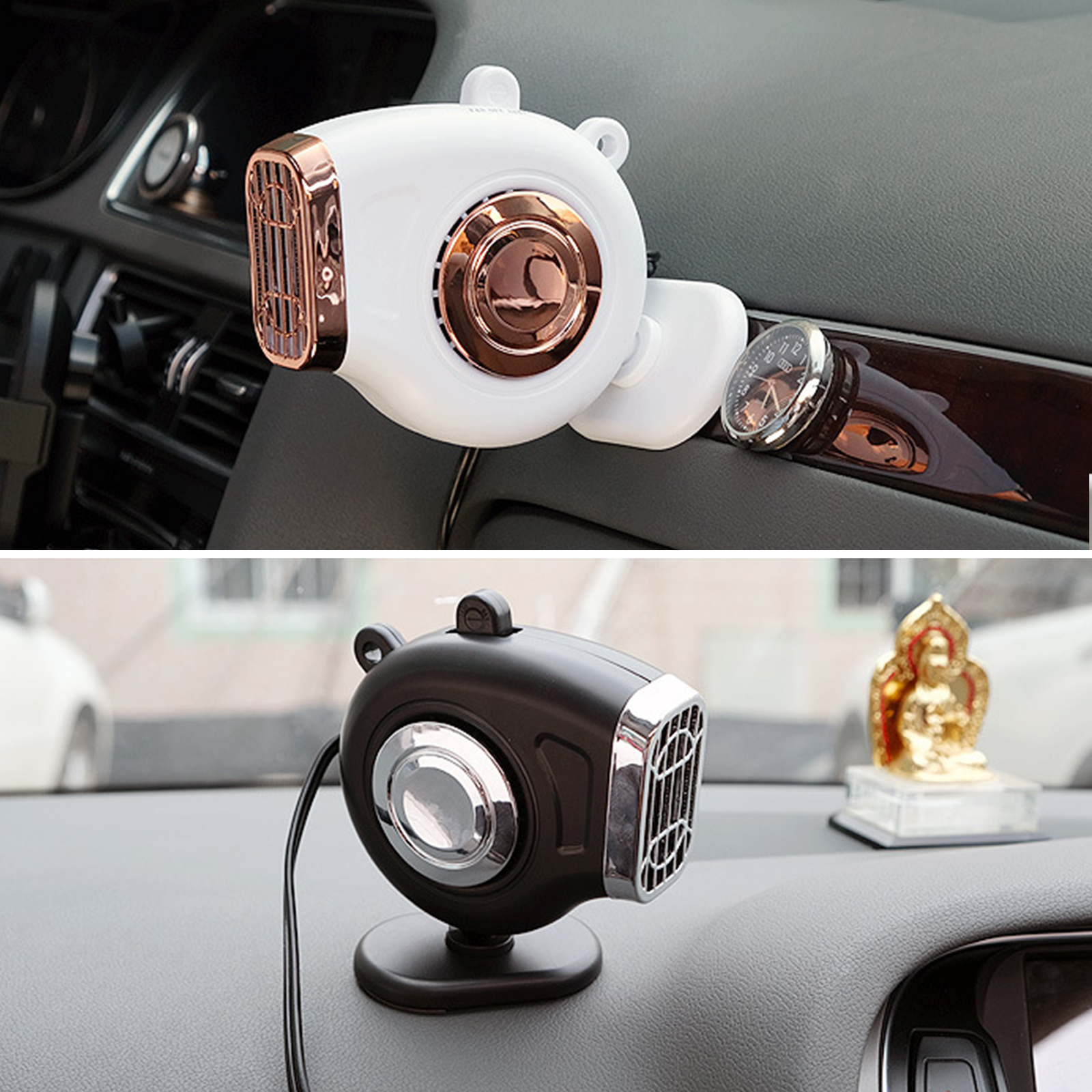 Zwei kleine Ventilatoren für das Armaturenbrett eines Autos, einmal in Weiß mit Roségold und einmal in Schwarz.