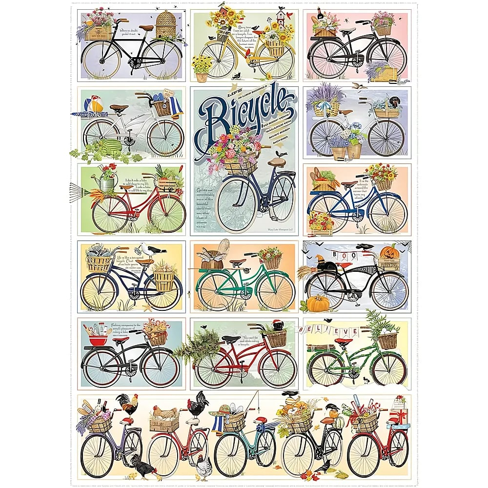 Eine Collage von vintage Fahrrädern mit Blumen und Körben auf weißem Hintergrund.