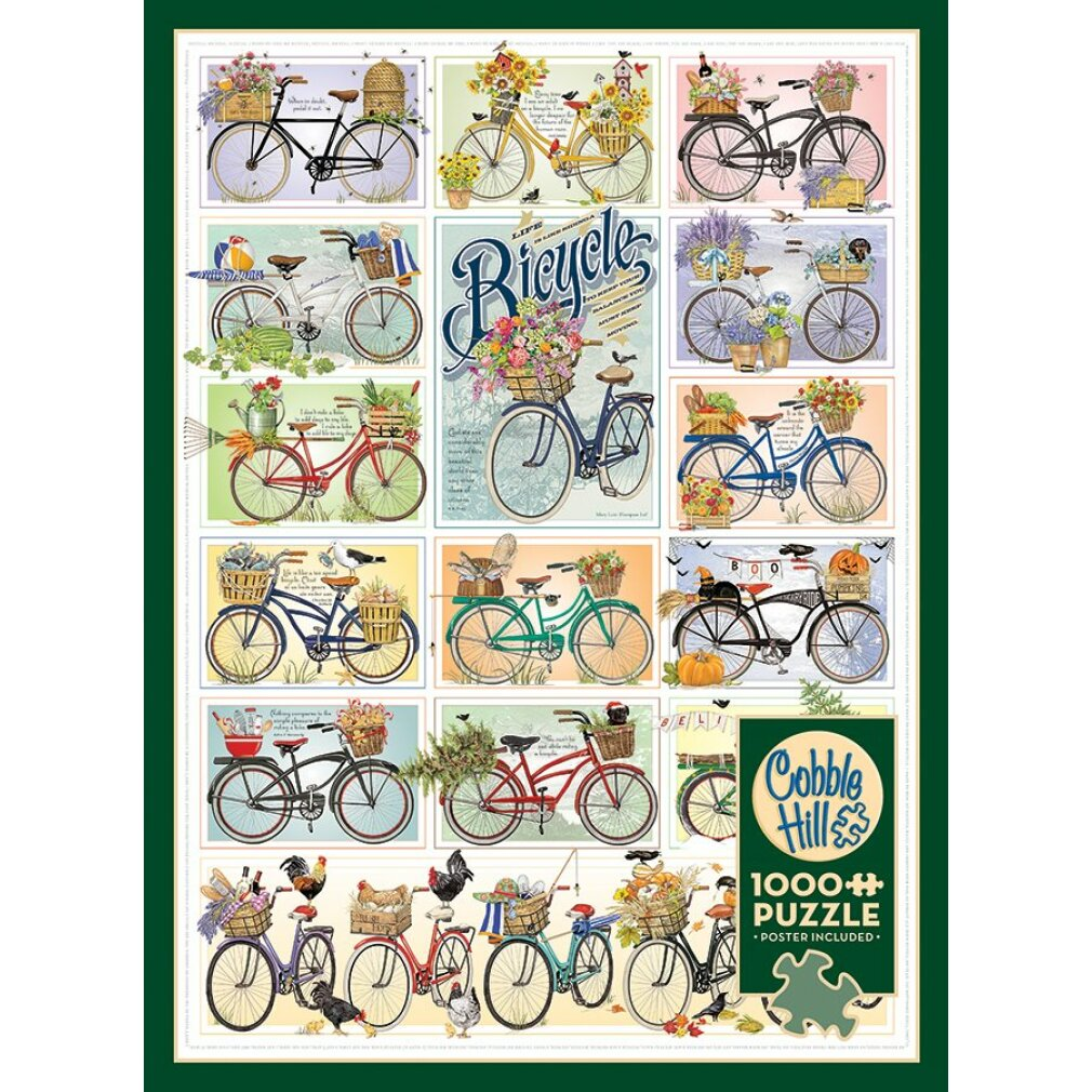 Ein Puzzle mit vielen farbigen Fahrrädern, Blumenkörben und ländlichen Motiven.