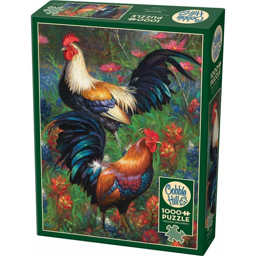 Eine Cobble Hill 1000-teilige Puzzlebox mit zwei bunten Hähnen in einem farbenfrohen Garten.