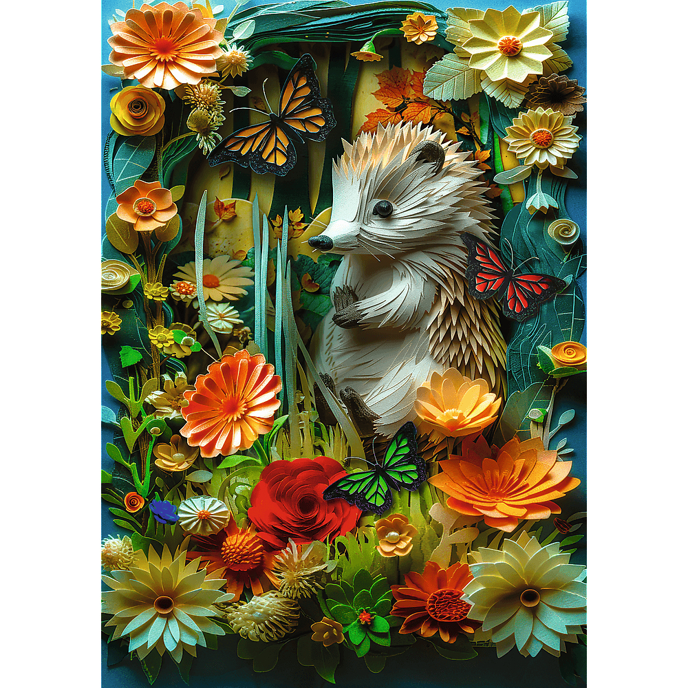 Ein Papierkunst-Igel im Garten mit bunten Blumen und Schmetterlingen.