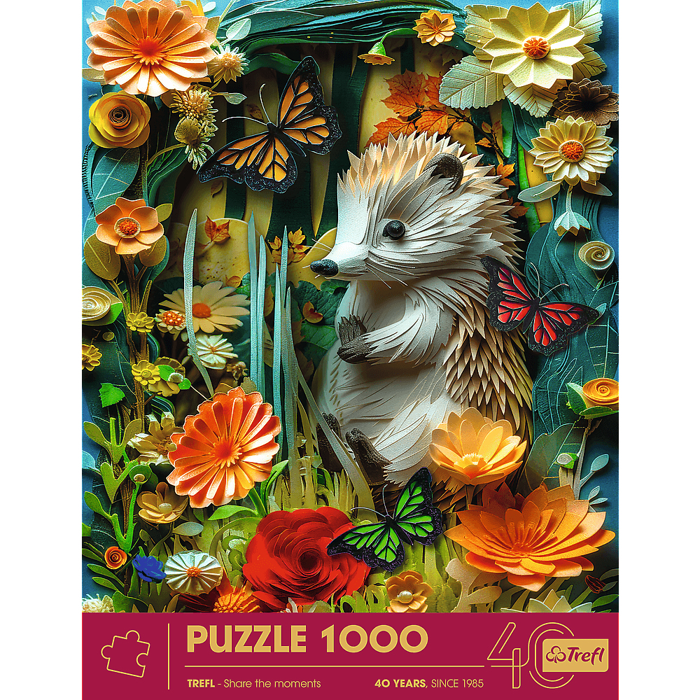 Papierkunst-Szene mit einem Igel, bunten Blumen und Schmetterlingen in einem Wald.