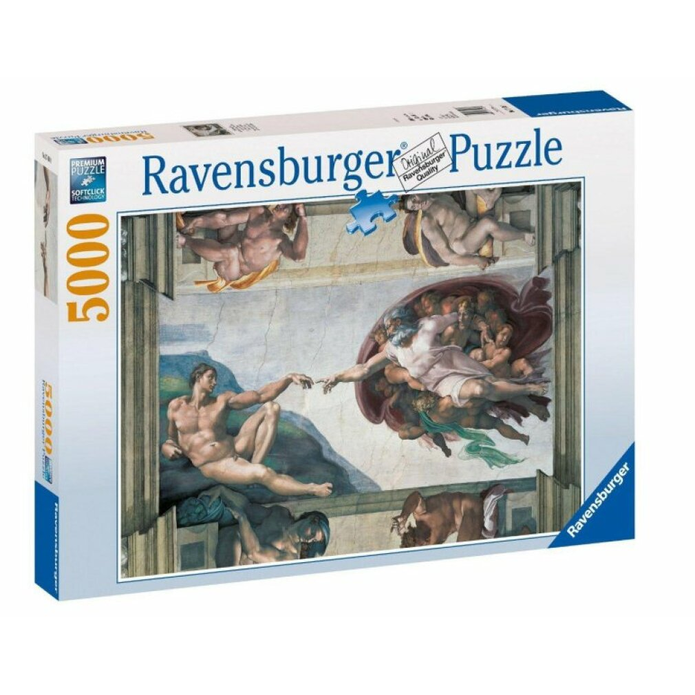 Eine Ravensburger 5000-Teile-Puzzle-Schachtel mit Michelangelos Erschaffung Adams auf dem Cover.