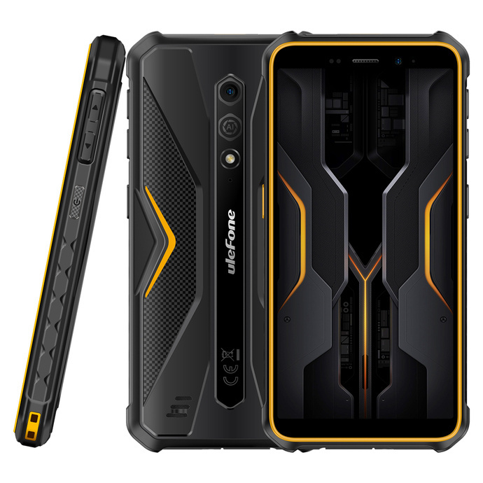 Czarny smartfon Ulefone z żółtymi akcentami, pokazany z przodu, z tyłu i z boku.