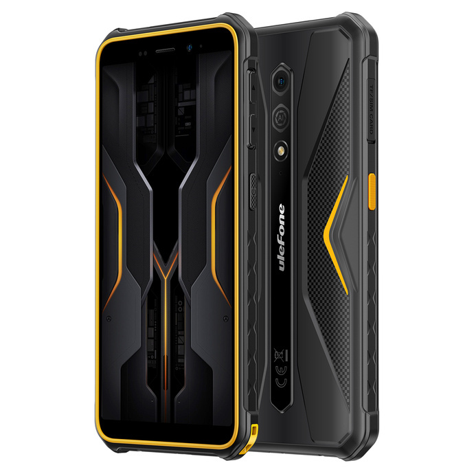 Wytrzymały czarny smartfon z żółtymi akcentami, pokazujący przód i tył.
