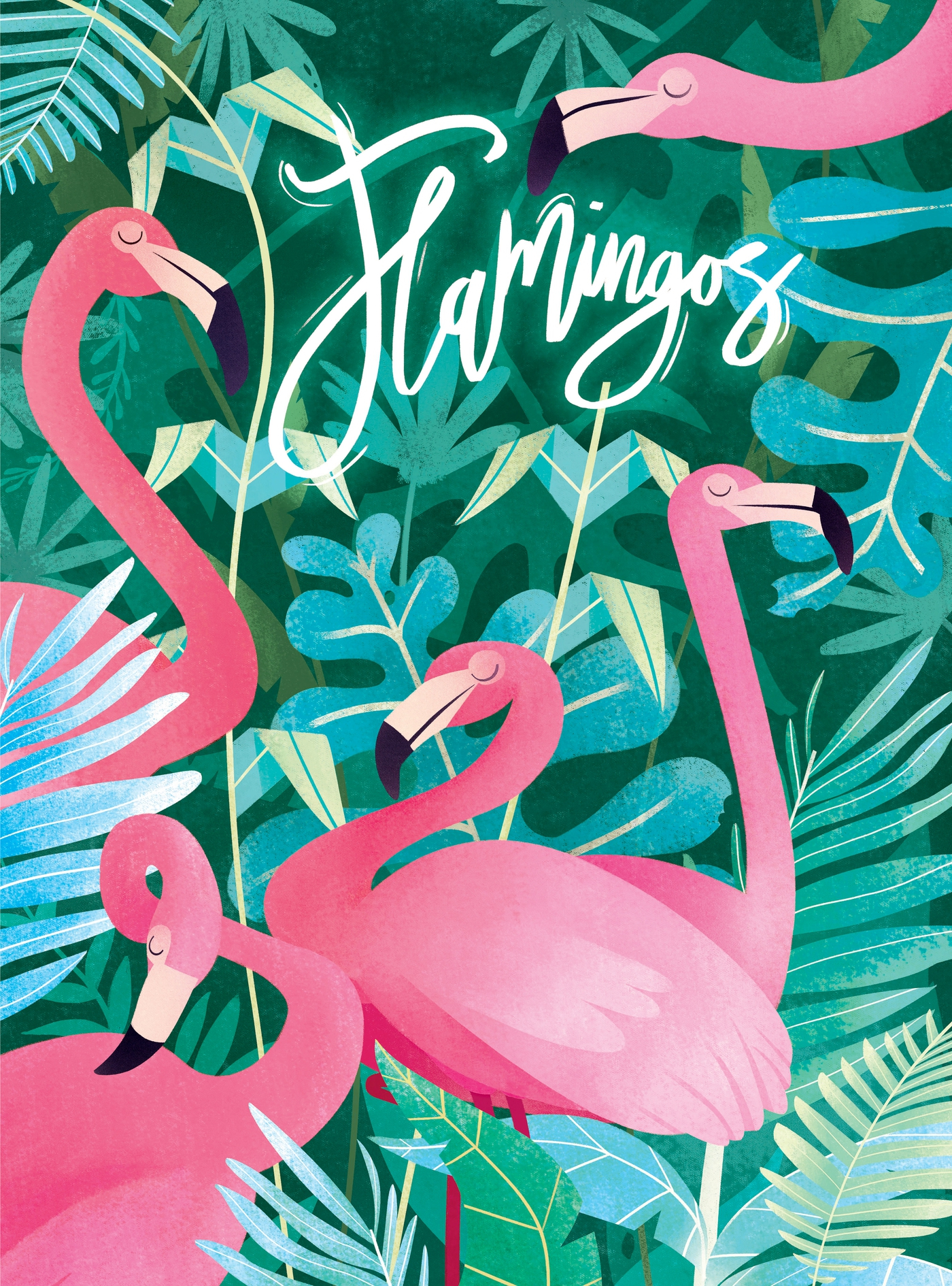 Vier rosa Flamingos im dichten tropischen Dschungel mit dem Schriftzug Flamingos.