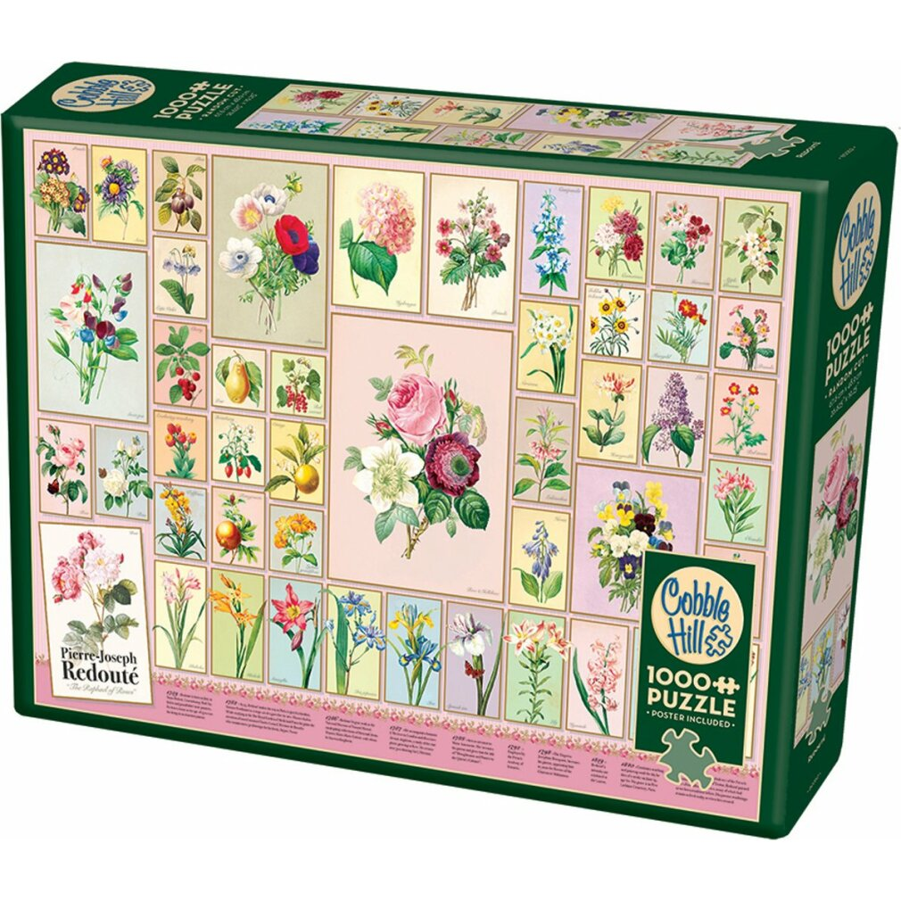 Grüne Schachtel eines 1000-teiligen Puzzles mit botanischen Illustrationen von Pierre-Joseph Redouté.
