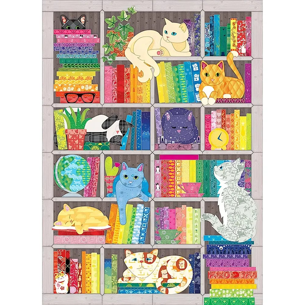 Bunte Illustration mit Katzen und Büchern in verschiedenen Regalfächern.