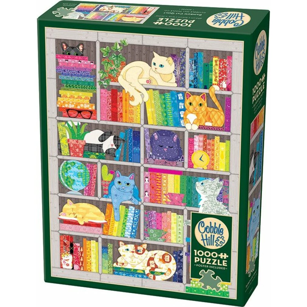 Eine bunte 1000-Teile-Puzzlebox zeigt eine Holzwand voller Regale, buntem Buchrücken und verschiedenen Katzen.